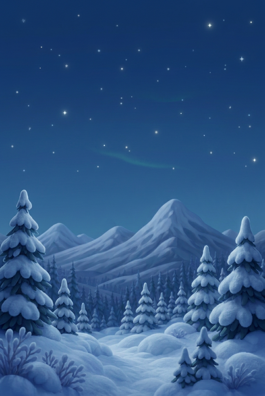 Snow-covered mountains under a quiet night sky, beyond the pines of Aurora Forest