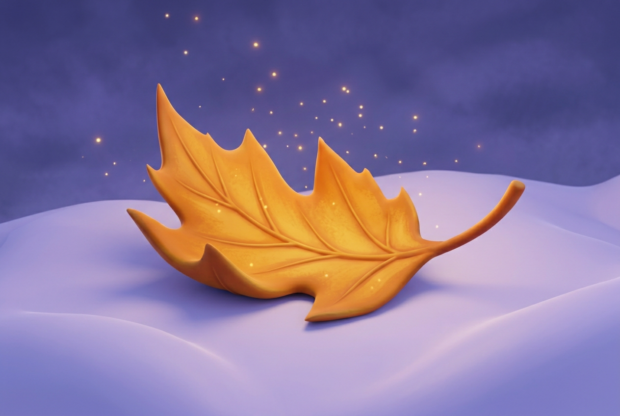 A golden leaf lying on lavender snow