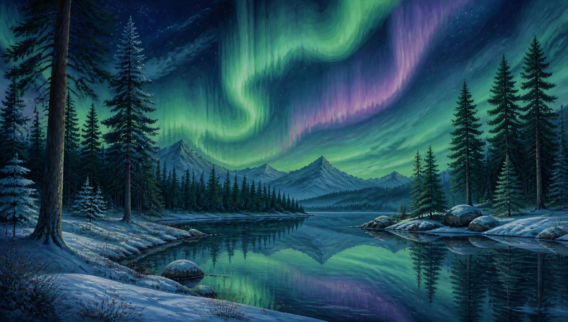 Northern lights over a still lake in a Nordic pine forest