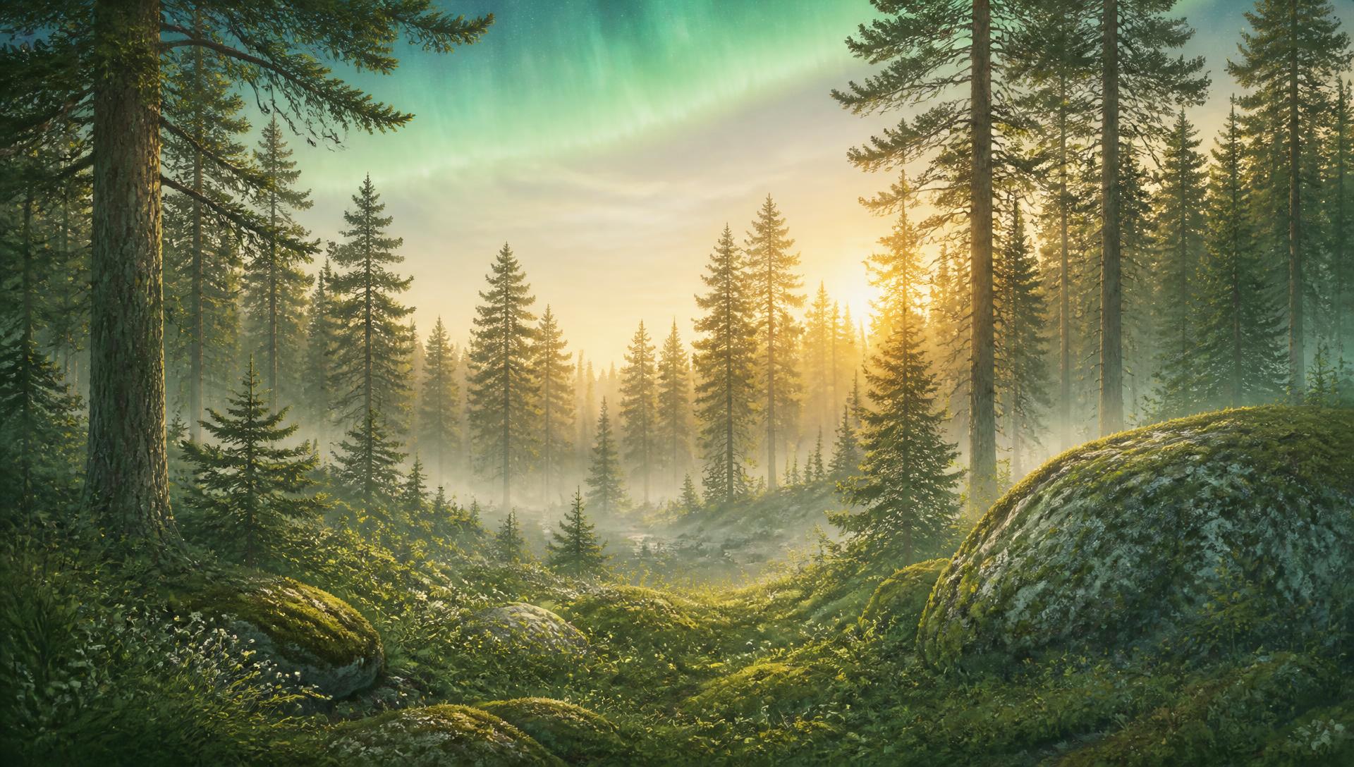 Misty Nordic pine forest at dawn with a faint band of aurora above the trees
