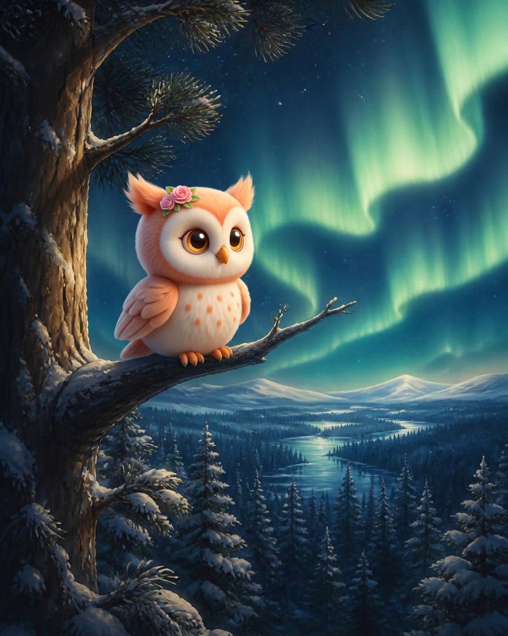 Cover illustration: Rosie the owl in the Great Pine, watching the northern lights